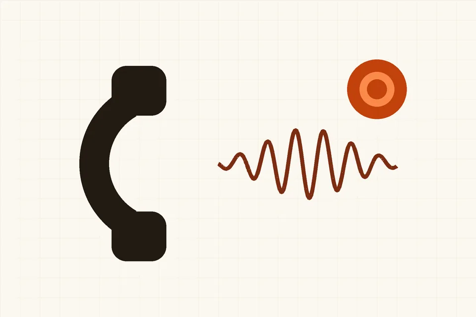 Illustration of a phone handset beside a red recording dot and a sound wave, on a warm cream background
