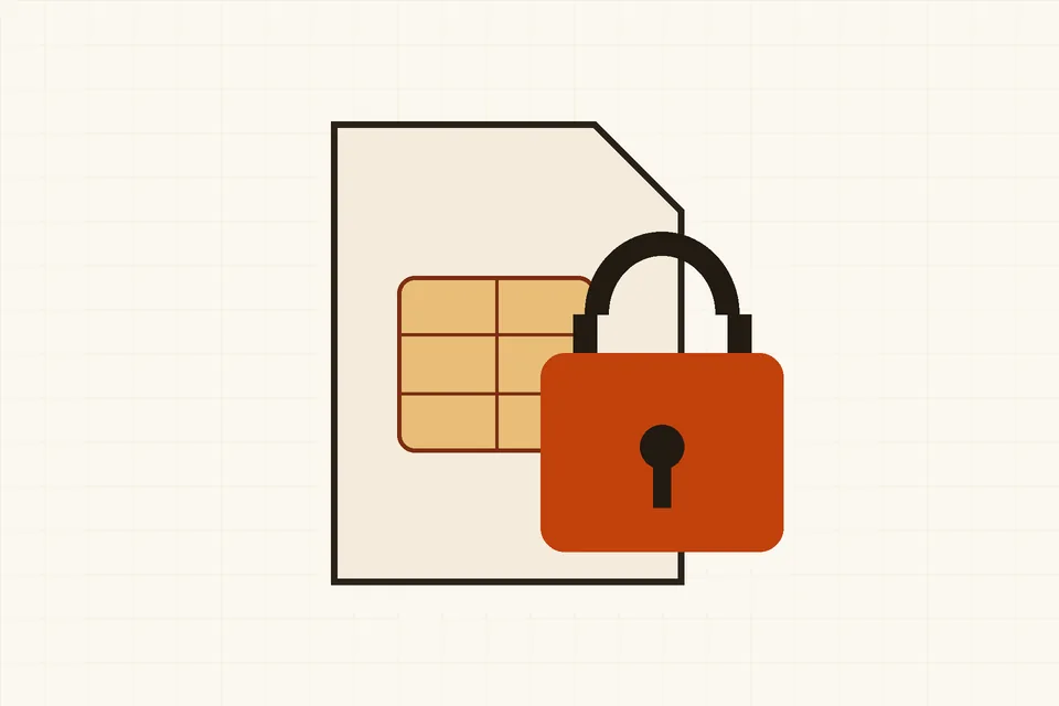 Illustration of a SIM card outline with a padlock in front of it, on a warm cream background