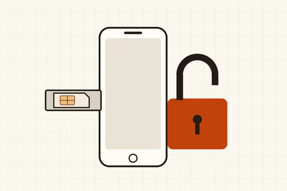 Illustration of a smartphone with its SIM tray pulled out and an open padlock beside it, on a cream grid background